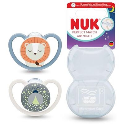 NUK Perfect Match Air Night Ciuccio per bambini da 0 a 6 mesi, che si illuminano al buio che favoriscono il flusso d'aria e prevengono le eruzioni cutanee da saliva, accettazione del 95% del bambino NUK Perfect Match Air Night Ciuccio per bambini da 0 a 6 mesi, che si illuminano al buio che favoriscono il flusso d'aria e prevengono le eruzioni cutanee da saliva, accettazione del 95% del bambino