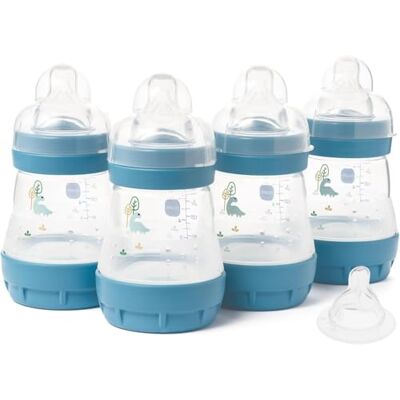 MAM Biberon anti-coliche Easy Start Confezione da 4 (4 x 160 ml) Biberon autosterilizzante Tettarelle a flusso lento misura 1 + 1 tettarella flusso medio misura 2 blu (vari disegni) MAM Biberon anti-coliche Easy Start Confezione da 4 (4 x 160 ml) Biberon autosterilizzante Tettarelle a flusso lento misura 1 + 1 tettarella flusso medio misura 2 blu (vari disegni)