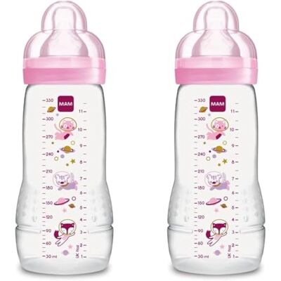 MAM Biberon Easy Active Baby Bottle 330 ml (Set da 2), Kit da 2 biberon per bambini attivi ergonomici e pratici, Accessori neonato 4+ mesi allattamento con tettarella misura 3, Rosa assortito MAM Biberon Easy Active Baby Bottle 330 ml (Set da 2), Kit da 2 biberon per bambini attivi ergonomici e pratici, Accessori neonato 4+ mesi allattamento con tettarella misura 3, Rosa assortito