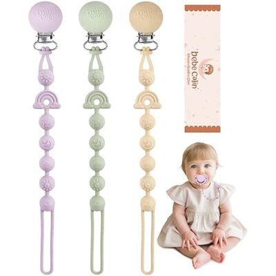 BebeCalin Fermaglio per ciuccio in silicone per ragazza, confezione da 3, con catenella per ciuccio, morbido e flessibile, mantiene il ciuccio del bambino pulito e sicuro BebeCalin Fermaglio per ciuccio in silicone per ragazza, confezione da 3, con catenella per ciuccio, morbido e flessibile, mantiene il ciuccio del bambino pulito e sicuro