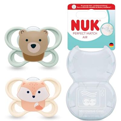 NUK Perfect Match Air Ciuccio ortodontico per bambini, 0-6 mesi, favorisce il flusso d'aria e previene l'eruzione cutanea, accettazione del 95% del bambino, orso e volpe, 2 pezzi NUK Perfect Match Air Ciuccio ortodontico per bambini, 0-6 mesi, favorisce il flusso d'aria e previene l'eruzione cutanea, accettazione del 95% del bambino, orso e volpe, 2 pezzi