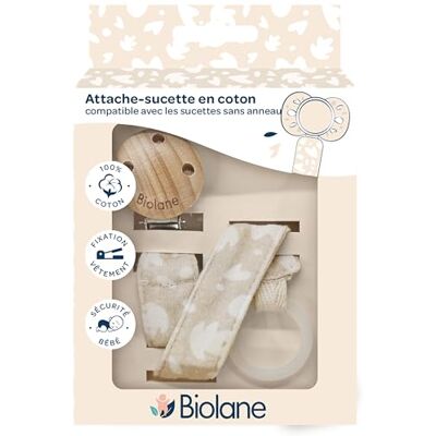 Biolane Attacco ciuccio per bambino Per tettarella anatomica Tessuto 100% cotone Beige Fissaggio in silicone Clip in legno e metallo Doppia sicurezza e antiscivolo Biolane Attacco ciuccio per bambino Per tettarella anatomica Tessuto 100% cotone Beige Fissaggio in silicone Clip in legno e metallo Doppia sicurezza e antiscivolo