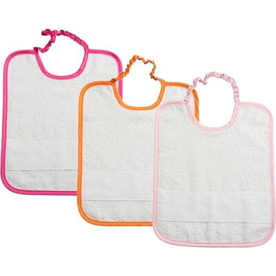 Filet Set 3 Bavaglini Pappa o Asilo Nido con Elastico in Spugna Bianca con Tela Aida da Ricamare, 24x30 cm, Realizzato in Italia, Bordo in Tinta Unita var. Rosa, Fuxia, Arancione Filet Set 3 Bavaglini Pappa o Asilo Nido con Elastico in Spugna Bianca con Tela Aida da Ricamare, 24x30 cm, Realizzato in Italia, Bordo in Tinta Unita var. Rosa, Fuxia, Arancione