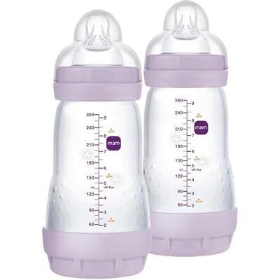 MAM Biberon Easy Start 260 ml (Set da 2), Kit da 2 biberon anticolica per allattamento misto, Riduce le bolle d'aria e il rischio di coliche, Accessori neonati 2+ mesi con tettarella misura 2, Lilla MAM Biberon Easy Start 260 ml (Set da 2), Kit da 2 biberon anticolica per allattamento misto, Riduce le bolle d'aria e il rischio di coliche, Accessori neonati 2+ mesi con tettarella misura 2, Lilla