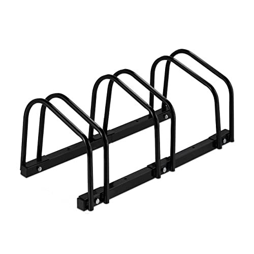 Relaxdays Portabici da Terra, Supporto per 3 Biciclette, E-Bike, Ruote Fino 60 mm, Parcheggio, HLP 27x67,5x33 cm, Nero