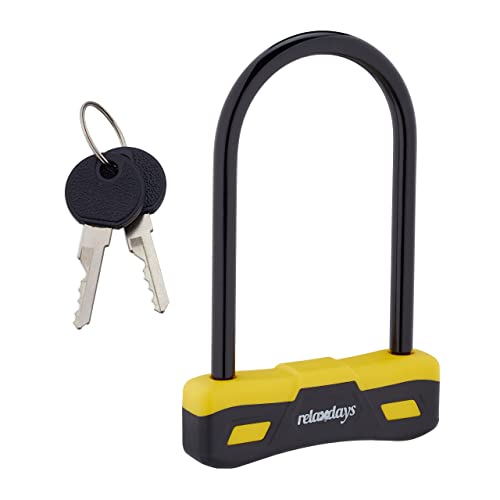 Relaxdays Lucchetto per Bici con 2 Chiavi, Coperchio Antipolvere, U Lock per Biciclette e E-Bike, Acciaio, Nero Giallo, 70% 20% 10% plastica, 25,5 x 16,5 x 3 cm