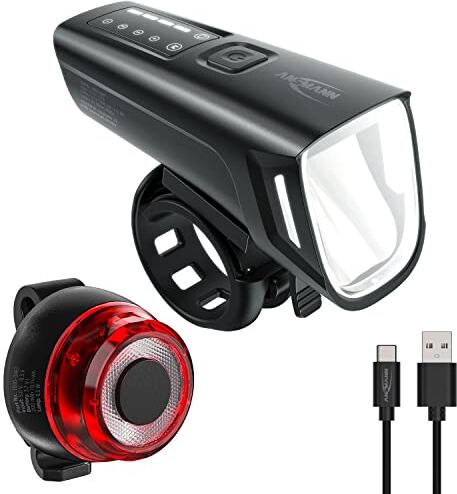 Ansmann bici luce set norme sul traffico stradale approvato con OSRAM LED e auto. Luce anabbagliante 200 m raggio d'azione 100 Lux 180 Lumen IPX5 Funzionamento a batteria e ricaricabile tramite USB