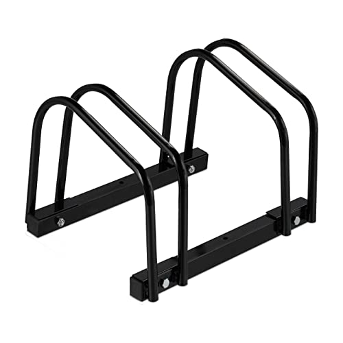 Relaxdays Portabici da Terra, Supporto per 2 Biciclette, E-Bike, Ruote Fino 60 mm, Parcheggio, HLP 27x67,5x33 cm, Nero