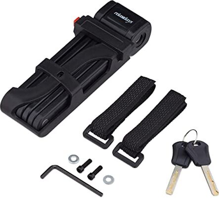 Relaxdays Lucchetto da Bici Pieghevole, Lock per Biciclette con Supporto su Telaio, 2 Chiavi, Lungo 85 cm, Acciaio, Nero, 70% 20% 10% plastica