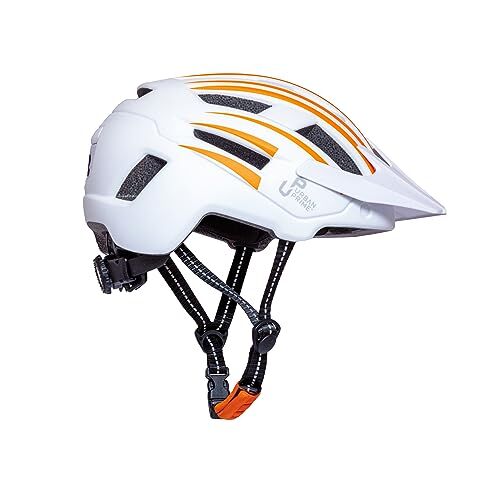 PRiME Energy Helmet, Casco Protettivo con Luci e Visiera per Bici, e-Bike e Monopattino Elettrico Unisex Adulto, Bianco e Arancione, M