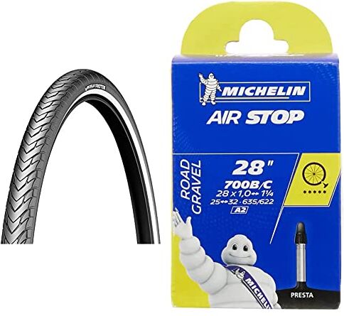 Michelin Protek, Copertura per Bicicletta Unisex Adulto, Nero/Reflex, 700x28 & Airstop- Camera d'aria per bicicletta (700 c, 25-32 mm con valvola francese 40 mm)