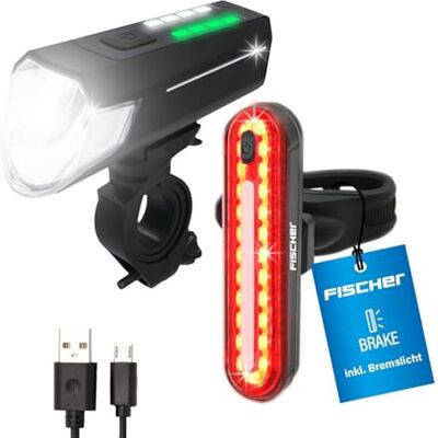 Fischer Set di luci per bicicletta 80/40/20 Lux, set di luci a batteria, luce anteriore e posteriore, con batteria e funzione di ricarica USB, 3 funzioni di illuminazione, protezione dagli spruzzi Fischer Set di luci per bicicletta 80/40/20 Lux, set di luci a batteria, luce anteriore e posteriore, con batteria e funzione di ricarica USB, 3 funzioni di illuminazione, protezione dagli spruzzi