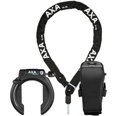 AXA Block XXL Lucchetto a telaio AZ + ULC 130 Plug-in Chain + borsa da sella, colore nero, taglia unica AXA Block XXL Lucchetto a telaio AZ + ULC 130 Plug-in Chain + borsa da sella, colore nero, taglia unica