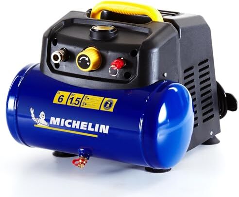 Michelin Compressore d'Aria Portatile MBL6, Compressore Aria Oil-Free da 6 Litri, Manometro Integrato, Pressione Massima 8 Bar, Potenza 1.5 CV