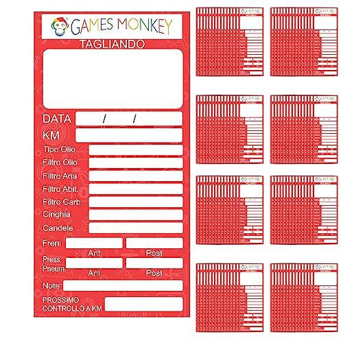 GamesMonkey ® Etichette Tagliando Auto Adesivi – 9x5 CM Impermeabili Manutenzione Cartellino Motore Cambio Olio freni Candele Filtri Cinghia Pneumatici Veicolo (100 Pezzi, Rosso)