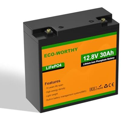 ECO-WORTHY Batteria LiFePO4 12V 30Ah BMS 25A Protezione BMS 25A, 15000 cicli, 360Wh, leggera, per camper, barche, campeggio e solare. ECO-WORTHY Batteria LiFePO4 12V 30Ah BMS 25A Protezione BMS 25A, 15000 cicli, 360Wh, leggera, per camper, barche, campeggio e solare.