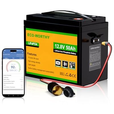 ECO-WORTHY Batteria LiFePO4 12V 50Ah BMS Bluetooth Bassa Temp. BMS con protezione basse temp., 4000-15000 cicli, 640Wh, per motori a traina e barche. ECO-WORTHY Batteria LiFePO4 12V 50Ah BMS Bluetooth Bassa Temp. BMS con protezione basse temp., 4000-15000 cicli, 640Wh, per motori a traina e barche.