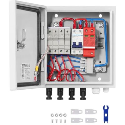 VEVOR Scatola Combinatrice Fotovoltaica, Scatola Fusibile Corrente Nominale 15A, Interruttore Automatico 63A e Protezione da Sovratensione, Acciaio per Sistema di Pannelli Solari On/Off, IP65 VEVOR Scatola Combinatrice Fotovoltaica, Scatola Fusibile Corrente Nominale 15A, Interruttore Automatico 63A e Protezione da Sovratensione, Acciaio per Sistema di Pannelli Solari On/Off, IP65