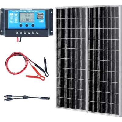 VEVOR Kit Pannello Solare Monocristallino 100Wx2 Pezzi con Regolatore di Carica, Modulo Fotovoltaico Monocristallino Impermeabile IP68 per Casa, Camper, Barca, Off-Grid, Set di 2 Pannelli Fotovoltaici VEVOR Kit Pannello Solare Monocristallino 100Wx2 Pezzi con Regolatore di Carica, Modulo Fotovoltaico Monocristallino Impermeabile IP68 per Casa, Camper, Barca, Off-Grid, Set di 2 Pannelli Fotovoltaici