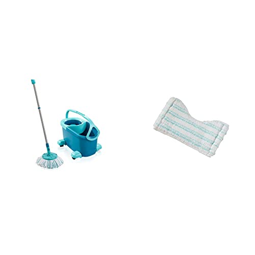 Leifheit Set Clean Twist Disc Mop Ergo mop pavimenti turchese, Lavapavimenti professionale flessibile a 360 & deg & 41702 Flexi Pad Panno di Ricambio, Poliestere, Bianco