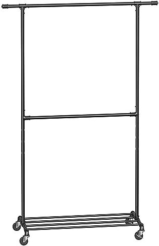 SONGMICS Stand Appendiabiti, Appendiabiti Doppio con Ruote, Barra Centrale Regolabile in Altezza, Attaccapanni con Ripiano, Massima Portata di 110 kg, Nero Classico