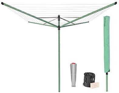 Brabantia Stendibiancheria a Ombrello Lift-O-Matic 50m di Spazio per Stendere Regolabile Lavoro All'altezza (129-187 cm) con Picchetto 45 mm, Custodia e Porta Mollette Leaf Green ø 295 cm