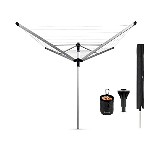 Brabantia Stendibiancheria a Lift-O-Matic Advance 60m di Spazio per Stendere Regolabile All'altezza (149-197 cm) con Tubo per Cemento 50mm, Custodia & Portamollette Metallic Grey ø 312cm