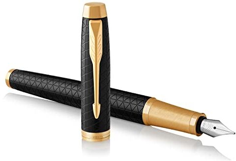 Parker IM Premium Penna Stilografica, Punta Media e Ricarica di Inchiostro Blu, Confezione Regalo, Black Golden Trim, premium black golden trim