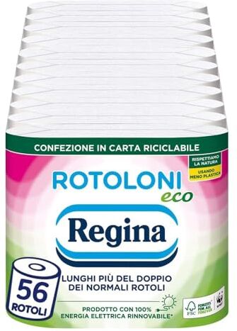 Regina Rotoloni Eco  Rotoloni Eco Carta Igienica, Confezione da 56 Rotoli a 2 Veli, 500 Strappi per Rotolo, Bianca e Decorata, Packaging in Carta Riciclabile, Carta 100% Certificata FSC