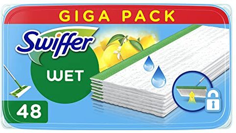 Swiffer Wet Lavapavimenti, 48 Panni Umidi, Limone, Maxi Formato, Pulizia Igienica Profonda, Rimuove Sporco e Batteri, per Tutti I Tipi di Pavimenti