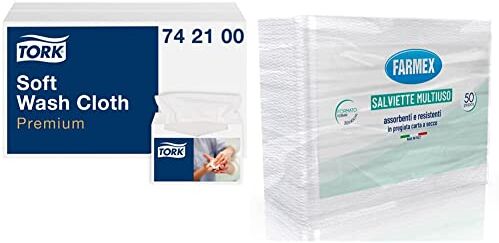 Tork Panno per lavaggio pazienti monouso Premium, 1 velo, goffrato & Farmex Salvietta In Carta A Secco Asciugamani monouso con Goffratura a S Mis. 30x40 Cm Asciugamani Usa e Getta