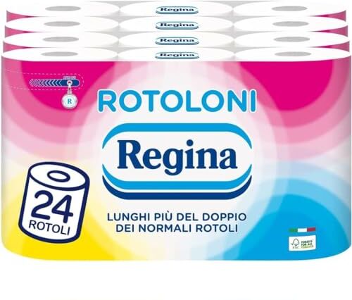 Regina Rotoloni  24 Maxi Rotoli di Carta Igienica 100% Certificata FSC®, 500 Fogli a 2 Veli, Lunghi Più del Doppio dei Normali Rotoli, Confezione 50% in Plastica Riciclata