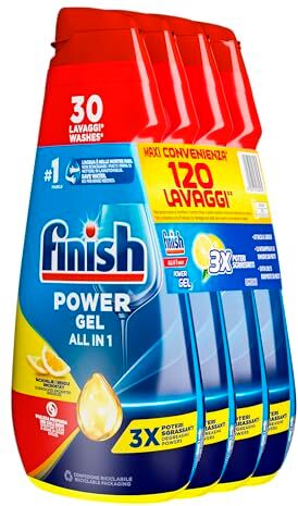 Finish Powergel Gel Detersivo per Lavastoviglie Liquido, Multiazione, Poteri Sgrassanti, Limone, 120 Lavaggi, 4 Confezioni da 30 Lavaggi