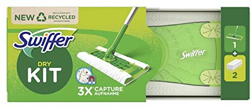 Swiffer Lavapavimenti Cattura Polvere Dry, 1 Scopa, 2 Panni Asciutti, Pulizia Igienica Profonda, Intrappola Polvere e Peli, per Tutti Tipi di Pavimenti, Starter Kit