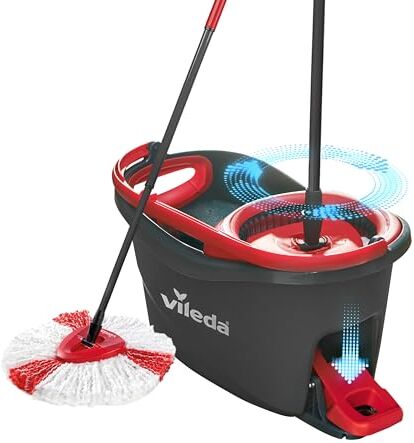 Vileda Turbo Mop Easy Wring & Clean con secchio a pedale, manico telescopico da 85-130 cm, con tergicristallo rotante, scopa in microfibra 2 in 1, grigio