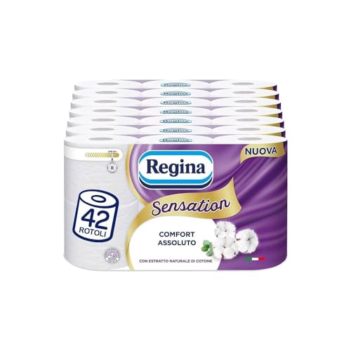 Regina Sensation 42 Rotoli di Carta Igienica, 160 Soffici Strappi a 3 Veli, Morbida e Resistente, Con Estratto Naturale di Cotone, 60% Plastica Riciclata