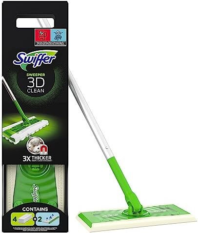 Swiffer Panni Catturapolvere, 1 Scopa 2 Panni Lavapavimenti e 4 Panni Dry 3D, Cattura e Blocca 3 Volte più Polvere, Sporco e Peli Rispetto a  Tradizionale, Ottimo per Tutti I Tipi di Pavimenti