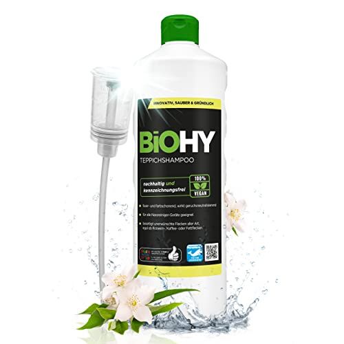 BIOHY Shampoo per tappeti (Bottiglia da 1l) + Distributore   Concentrato detergente efficace   ideale per rimuovere le macchie ostinate   ben tollerato dagli animali (Teppichshampoo)