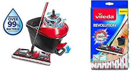 Vileda Ultramat Turbo Sistema Lavapavimenti con Secchio, Strizzatore e Piastra, con 1 Panno in Microfibra, Nero/Rosso & Revolution Panno Ricambio 2 in 1 in Microfibra, Bianco