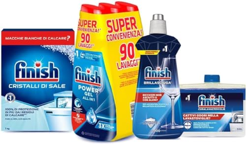 Finish Kit Lavastoviglie;  Powergel Detersivo Lavastoviglie Fresh 90 Lavaggi, Brillantante Regular 500ml, Curalavastoviglie regular 250ml, Cristalli di Sale 1kg