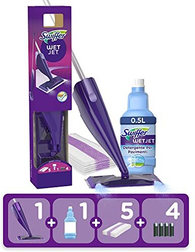 Swiffer WetJet Kit di Partenza, Includere 1 Scopa, 1 Soluzione Detergente Liquida, 5 Panni, 4 Batterie Alcaline