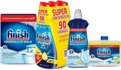 Finish Kit Lavastoviglie,  Powergel Detersivo Lemon 90 Lavaggi, Brillantante Limone 500ml, Curalavastoviglie 250ml, Cristalli di Sale 1kg