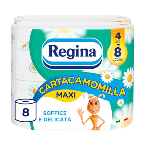 Regina Cartacamomilla 8 Rotoli di Carta Igienica, 300 Soffici Fogli a 3 Veli, Delicata e Consistente, Confezione in Carta Riciclabile