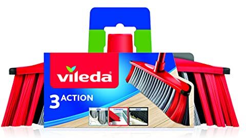 Vileda 3Action Scopa per Interni con 3 Diverse Setole, Rosso Grigio, 28 x 14 x 4 Cm