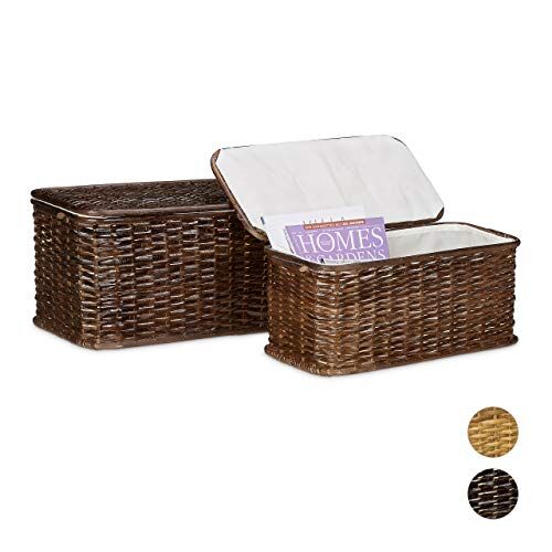 Relaxdays 2 Cestini Rettangolari, 28 L, Rattan Intrecciato, Cesti Impilabili Rivestimento Interno Rimovibile, Mogano