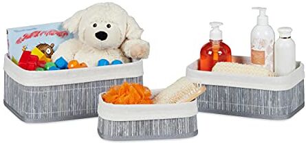 Relaxdays Cestino Portaoggetti, Pratico Set da 3, Fodera in Tessuto, bambù, Rettangolare, Bagno, Giochi, Grigio, 1,6, 3,4 & 6 Litri