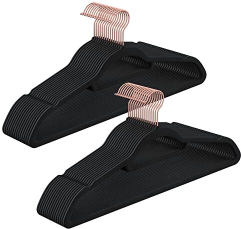 SONGMICS Grucce Appendiabiti in Velluto, 30 Pezzi, con Porta Cravatte e Gancio Color Oro Rosa, Spessore 0,6 cm, Salvaspazio, Lunghezza 43,5 cm, Cappotti Pantaloni Gonne, Nero