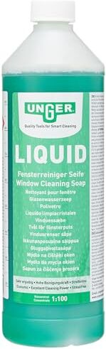 Unger Detergente liquido per vetri (1 litro, concentrato, rapporto di miscelazione 1:100, pH neutro, vetri senza aloni, tappo di sicurezza, scala di dosaggio)