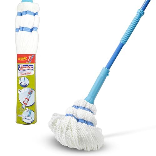 Spontex Twist Mop– Mop lavapavimenti in microfibra con sistema di strizzatura automatica integrato– Pad di pulizia non graffiante per macchie difficili – Pulisce pavimenti in laminato–Testina lavabile