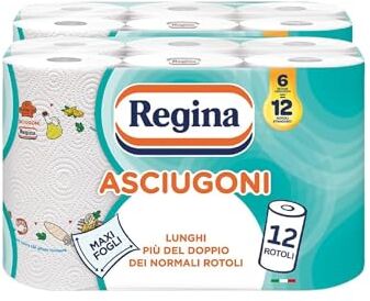 Regina Asciugoni  Carta Cucina   Confezione da 12 Rotoli a 2 veli   85 strappi per rotolo*   Maxi Fogli più Grandi e più Assorbenti   Carta 100% certificata FSC®